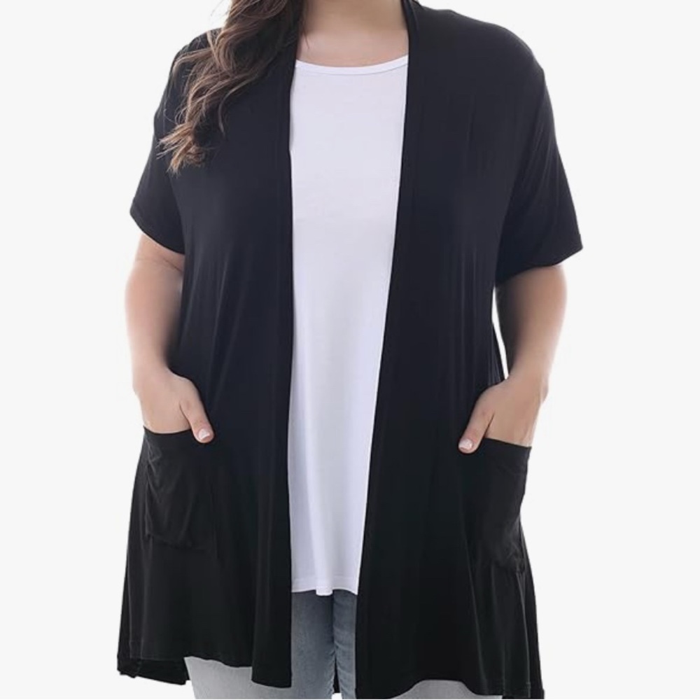 Women's Plus Size Short Sleeve Lightweight Drape Cardigan w/ Pockets, Black